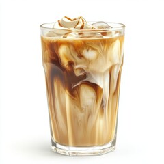 Glass of cold iced coffee with vanilla cream swirl, isolated on white background.