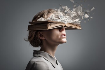 Book transforms into thoughts in creative portrait of a woman