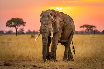 Fototapeta premium Majestic African Elephant at Golden Sunset in Safari