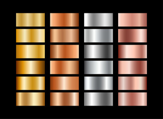 Set of metal gradients, gold, bronze, silver, white gold, rose gold. Palette. Material foil. Hologram texture. Border. Aluminum. Luxury effect. Gradation. Texture chrome. Platinum bokeh. Vibrant color