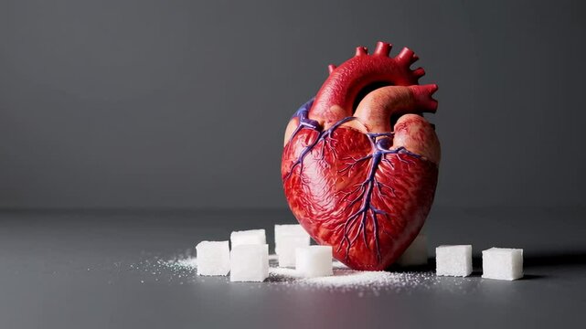 Gray surface featuring anatomical heart model near scattered sugar cubes, symbolizing harmful effects of high sugar intake on cardiovascular health