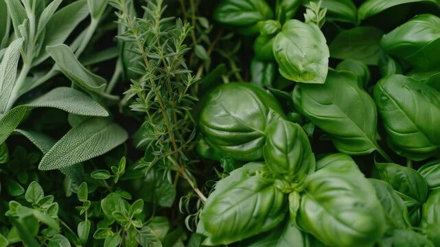 Bunch of fresh herbs including basil, sage, thyme, mint, parsley, rosemary, dill, oregano, cumin, cilantro, fennel, garlic, garnish, vegetarian, mediterranean, healthy, organic, and seasoning.