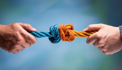 close up of hands pulling two colored ropes symbolizing conflict and decided knot in one color conflict resolution concept
