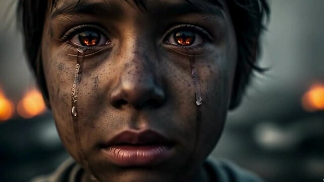 Emotional Close-Up Portrait of a Crying Child in War
