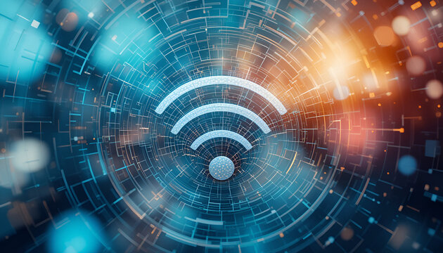 Glowing wifi symbol radiates connectivity across a futuristic technology grid with sparkling bokeh lights, symbolizing internet access.