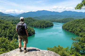 Hiker admires vast scenery from a cliff overlooking serene waters
