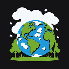 Cartoon Earth Illustration-Earth Day Graphic with Trees-Clouds and Stars-Planet Earth Artwork-Globe with Nature Elements-Eco Friendly Art