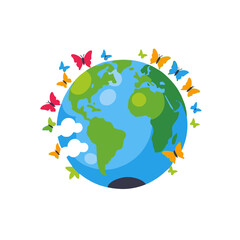 Naklejka premium Colorful Butterflies Around the Earth Illustration - Nature Conservation Graphic- Global Environment Awareness Image- Sustainable World Concept with Butterflies