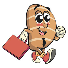 cute salted butter roll mascot cartoon vector illustration with a suitcase rushing to the office, bakery bread character with happy face isolated on transparant backnground, work of hand drawn