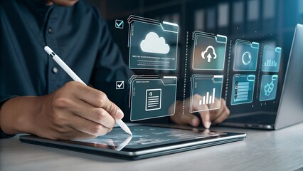 Digital Data Management: A professional engrossed in a digital workspace, with a focus on data management and cloud technology, using modern tools to analyze and secure crucial information.