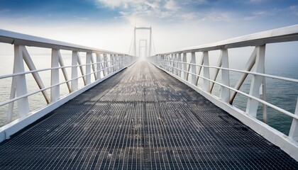 Fototapeta premium ethereal journey a pristine white bridge disappears into the misty horizon