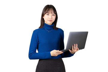 パソコンを持つ女性・ビジネスウーマン（背景透過PNG）