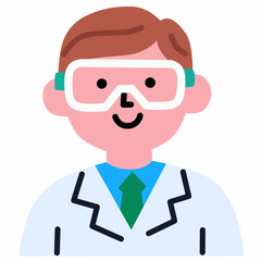 Flat cartoon scientist character wearing lab coat and goggles. Ideal for educational projects and science-based learning visuals.