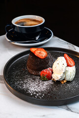 Molten Chocolate Lava Cake with Vanilla Ice Cream and Hot Americano Coffee