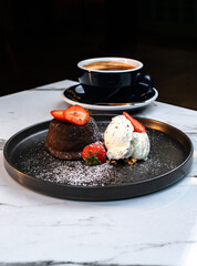 Molten Chocolate Lava Cake with Vanilla Ice Cream and Hot Americano Coffee