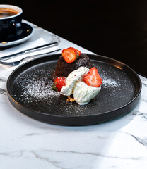 Molten Chocolate Lava Cake with Vanilla Ice Cream and Hot Americano Coffee