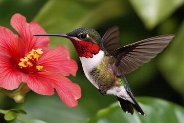 Fototapeta premium Hummingbird drinking nectar from a vibrant red blossom in nature