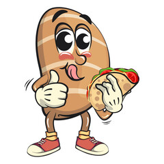 cute salted butter roll mascot cartoon vector illustration carrying a taco while giving a thumbs up, bakery bread character with happy face isolated on transparant backnground, work of hand drawn