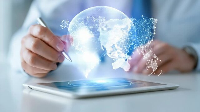 Digital world map technology innovation and global network business with tablet hologram connection, communication, futuristic businessperson using