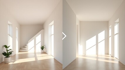 Fototapeta premium Side-by-side comparison of interior spaces showcasing a simple architectural transformation.