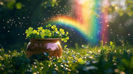 A pot of shamrocks glows magically near a rainbow