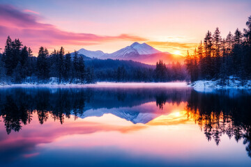 Fototapeta premium Vibrant sunset reflecting on a tranquil lake surrounded by mountains