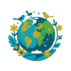 Earth Day Image-World Map-Birds-Flowers-Nature-Happy Earth Day-Protect Our Planet-Environmental Awareness-Sustainable Living-Global Environment
