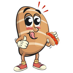 cute salted butter roll mascot cartoon vector illustration carrying a hotdog while giving , bakery bread character with happy face and red shoes isolated on transparant backnground, work of hand drawn