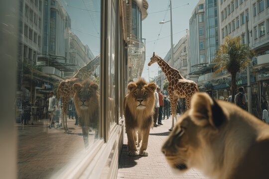 Giraffes and lions wander through a city street on a sunny afternoon