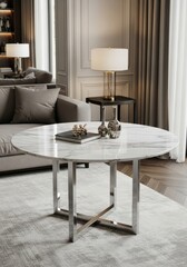 Elegant Round Marble Top Coffee Table - Modern living room, round marble table, metallic base, luxury design, sophisticated interior