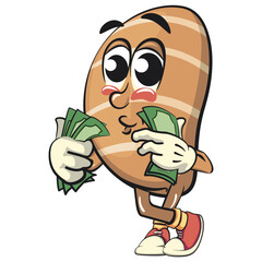 cute salted butter roll mascot cartoon vector illustration carrying money, bakery bread character with happy face and red shoes isolated on transparant backnground, work of hand drawn