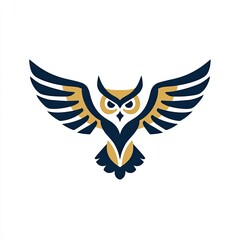 Obraz premium Animal Logo Minimalist owl with symmetrical wings wise and mysterious dark blue and gold great for education or bookstores isolated on white background