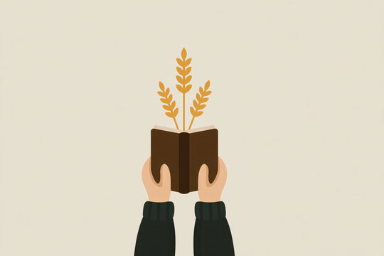 Female hands tenderly hold an open volume where verdant wheat sprouts flourish illustrating the organic connection between learning and the bounty of the earth's wisdom