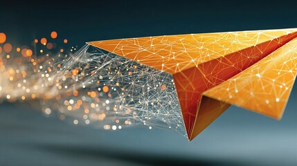 Orange paper airplane with digital network, flying forward