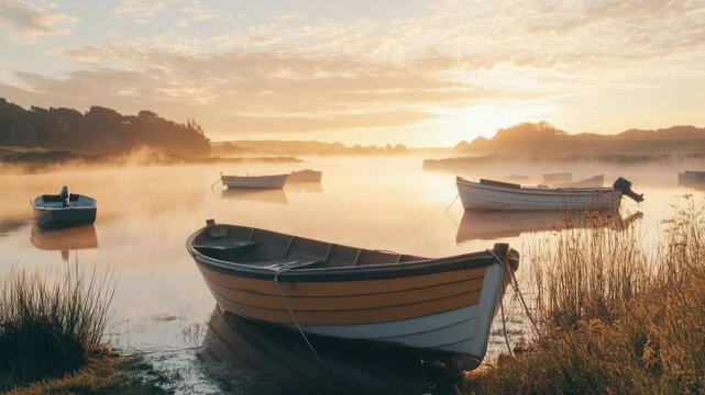 Boats docked at a serene lake during sunset. A peaceful waterfront scene.