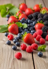 Obraz premium Fresh Berries on Wooden Table - A vibrant assortment of fresh strawberries, raspberries, blueberries, and blackberries arranged on a rustic wooden surface
