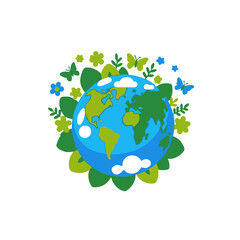 Earth Day Illustration- Globe Surrounded by Flowers- Butterflies and Leaves- Celebrate Nature- Environmental Awareness- Eco Friendly Design