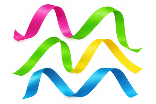 Four colorful waving ribbons on transparent background, creating a festive and celebratory atmosphere