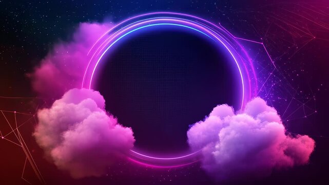 Neon Dreamscape: A vibrant, abstract composition featuring a glowing neon circle, enveloped by soft, ethereal clouds, creating a dreamlike ambiance.