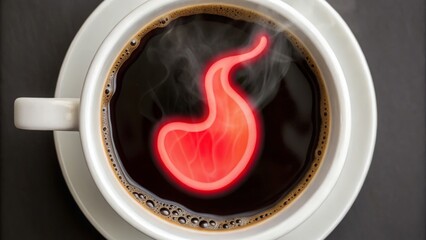 Acid reflux can affect daily life. A coffee cup with steam shaped like a stomach, illustrating digestion and comfort.