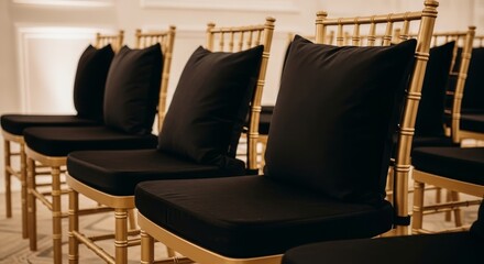 Gold Chiavari Chairs with Black Cushions - Elegant event seating, gold chiavari chairs adorned with plush black cushions, symbolizing luxury, sophistication, comfort, formality, and celebration