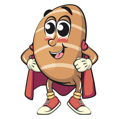 superhero cute salted butter roll mascot cartoon vector illustration, bakery bread character with happy face and red shoes isolated on transparant backnground, work of hand drawn