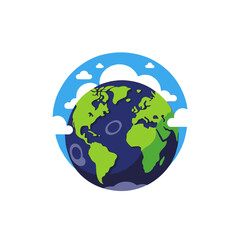 Naklejka premium Globe Illustration with Clouds and Blue Sky Background - Earth Day Graphic for Websites - Cartoon World Map for Educational Resources - Climate Change Concept