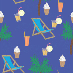 Seamless summer pattern with deck chairs, palm trees, and tropical cocktails on a vibrant purple background. Perfect for textile design, wrapping paper, or summer-themed branding. Colorful, playful.
