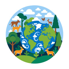 Naklejka premium Protecting Our Earth-Environmentally Conscious Design with Animals-Global Sustainability and Wildlife Conservation-Nature Illustration