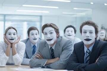 Business meeting with professionals in mime makeup showcasing creativity and uniqueness