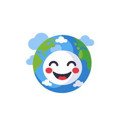 Obraz premium Happy Earth Day Illustration-Smiling Earth Cartoon with Clouds-Promote Environmental Awareness and Sustainability Initiatives-Vector Image