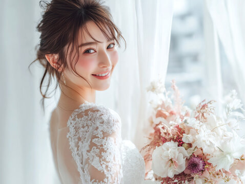 ウェディングドレス姿で笑顔を見せる美しい日本人花嫁
