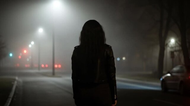 A young woman walking in the fog on an empty street at night