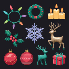 vector Happy New Year Celebrating 2025 in Latin letters , Christmas Decoration Items Santa Claus